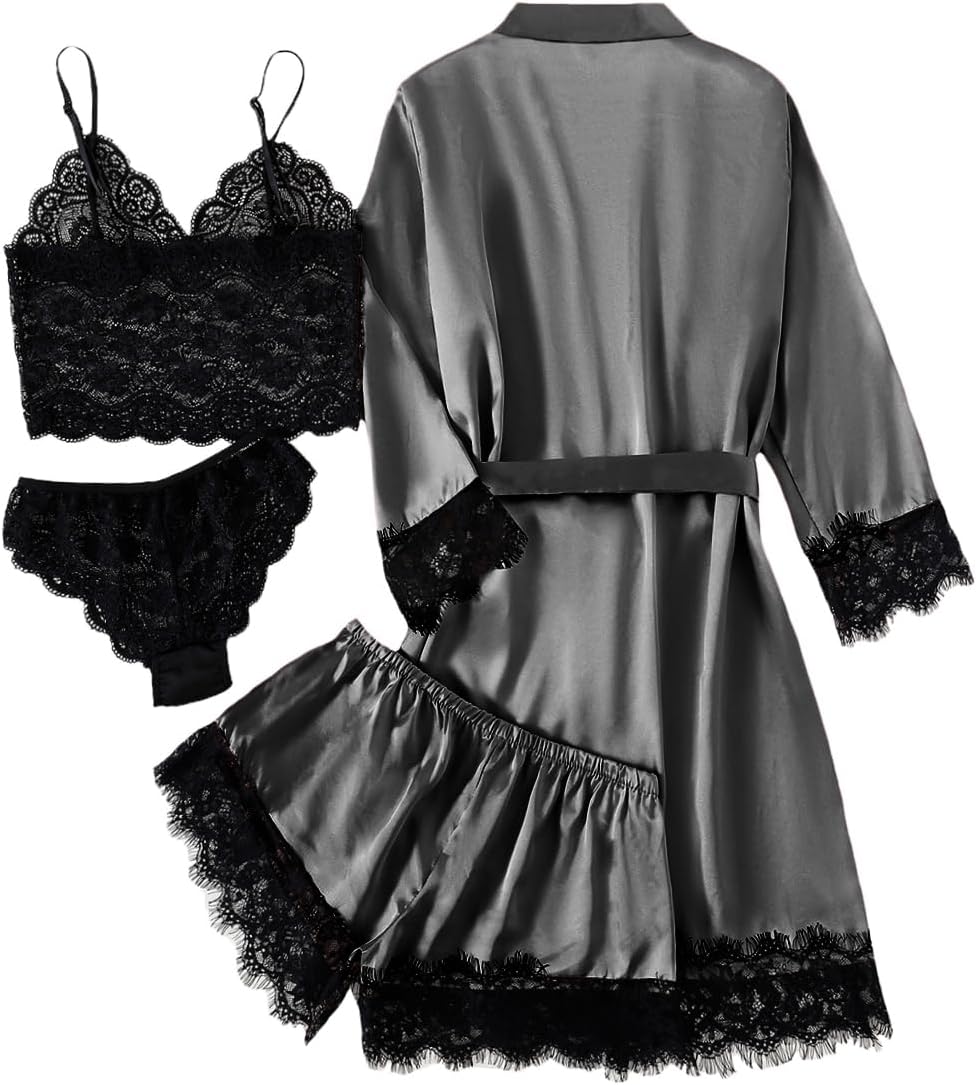 LYANER Women's Sexy Silk Satin Pajamas Set 4pcs Lingerie Nightwear Floral Lace Cami Pjs Sleepwear with Robe