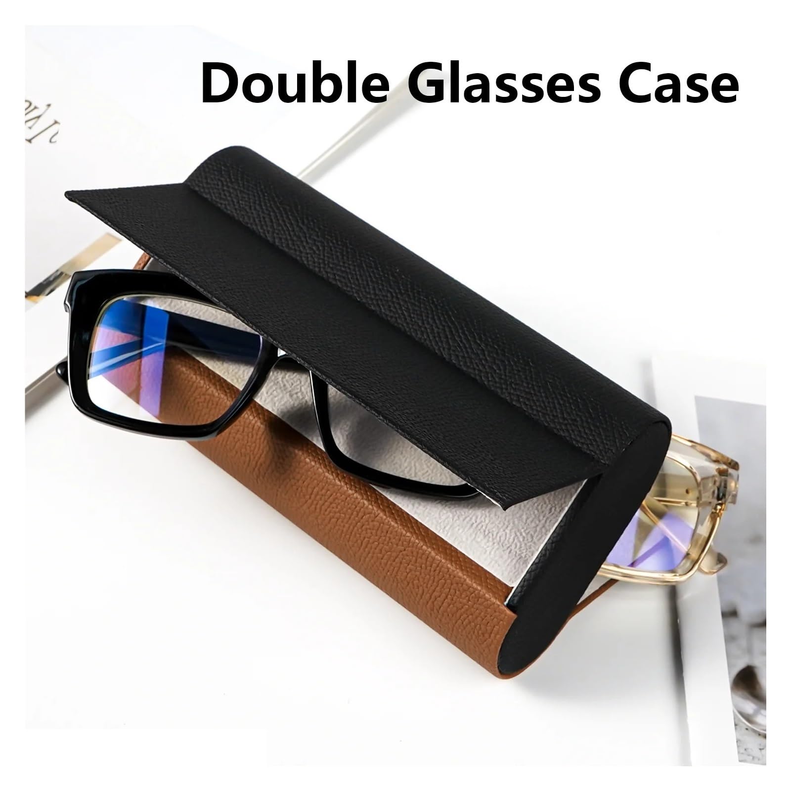 Custodia Occhiali Pelle Faux Leather 2-Layer Glasses Case Magnetic Closure Eyewear Storage Holder for 2 Pairs of