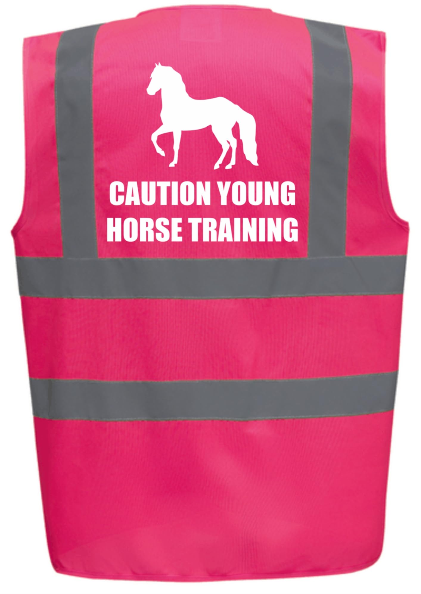 Bright Pink High Visibility Vest with White Text CAUTION YOUNG HORSE TRAINING WITH IMAGE - HORSE RIDING By Brook Hi Vis X-Large