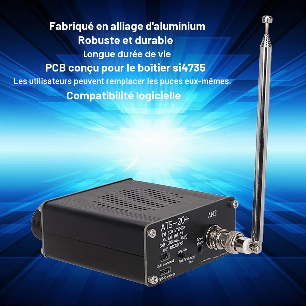 ATS-20+ Plus V2 SI4732 Récepteur radio pour DSP FM AM MW/SW SSB LSB USB multi-bande avec écran OLED, pour interface d'antenne SMA, batterie 3,6 V 800 mAh, chargement USB
