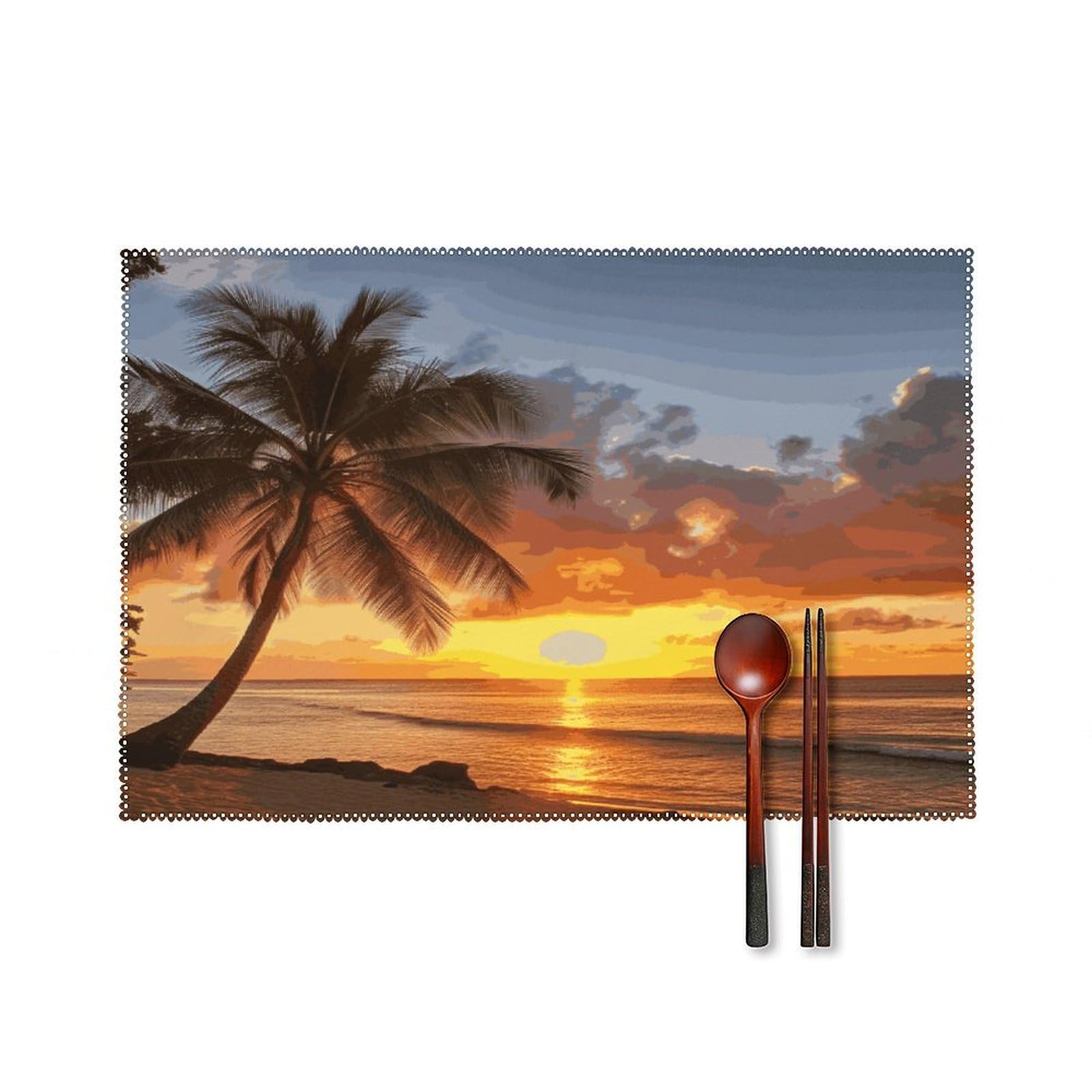 Sunset Hawaiian Palm Tree Placemats Set of 6 Heat-Resistant Washable Place Mats Wipeable Kitchen Placemat Easy to Clean for Indoor Outdoor Party Kitchen Decoration
