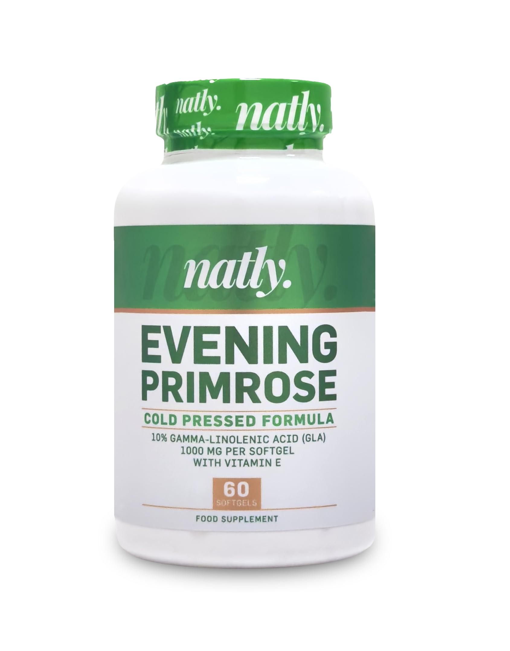 Natly Aceite de Onagra 1000 mg | 60 Perlas con Ácidos Grasos Esenciales Omega 6 con GLA y Vitamina E | Ayuda Piel, Hormonas, Bienestar Femenino | Evening Primrose Oil