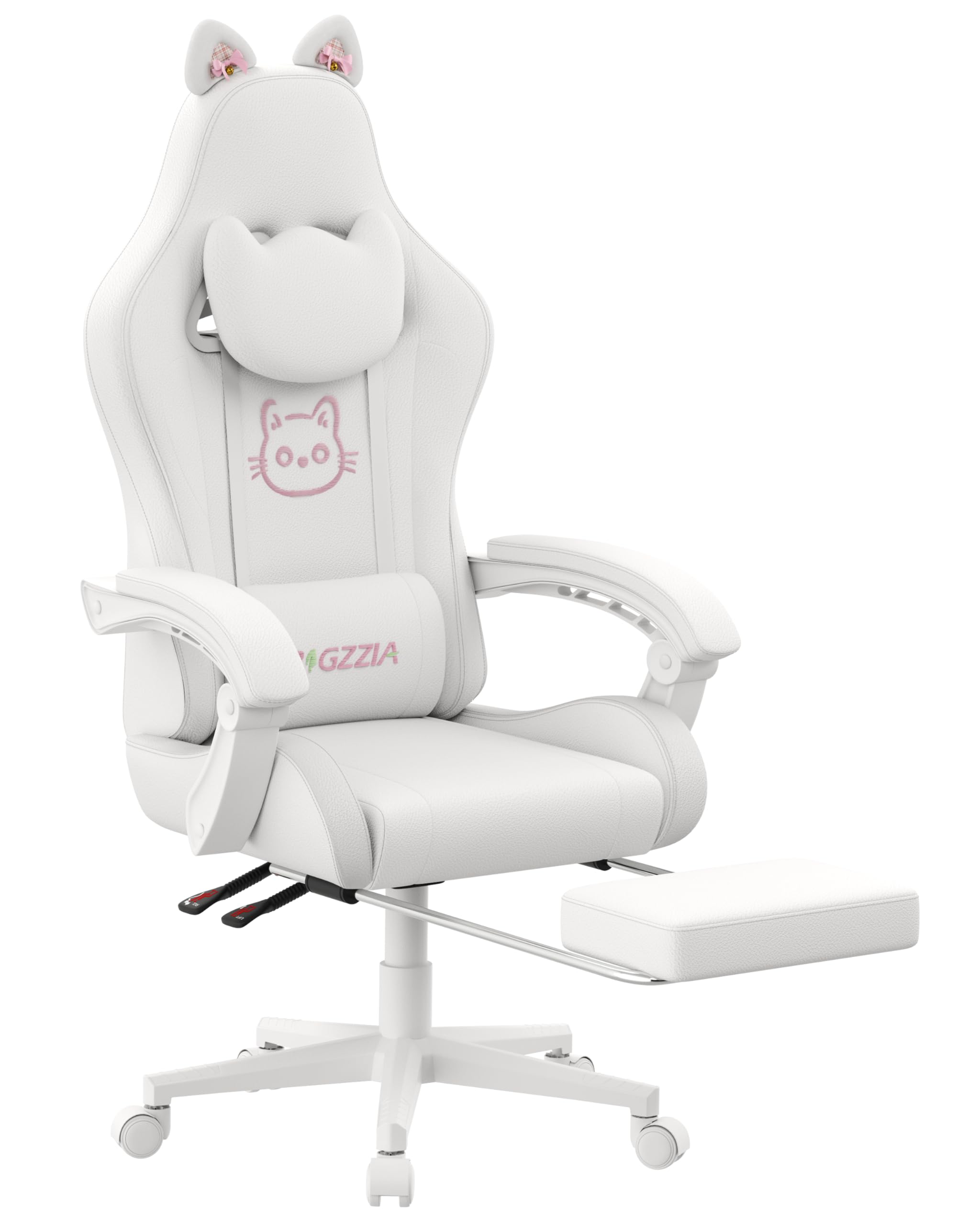 Racingreat Gaming-Stuhl mit Katzenohren und Massagefunktion (Weiß) | PC Gaming Chair mit Cat-ear massage, PU-Leder, Memory-Schaum, 90°–135° Neigungswinkel, Frauen Erwachsene Gamer Büro Pause