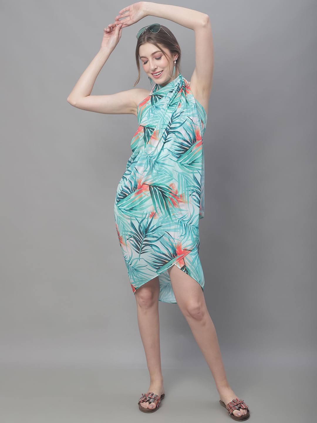 Claura Green & Orange Tropical Printed Swimwear Sarong 3