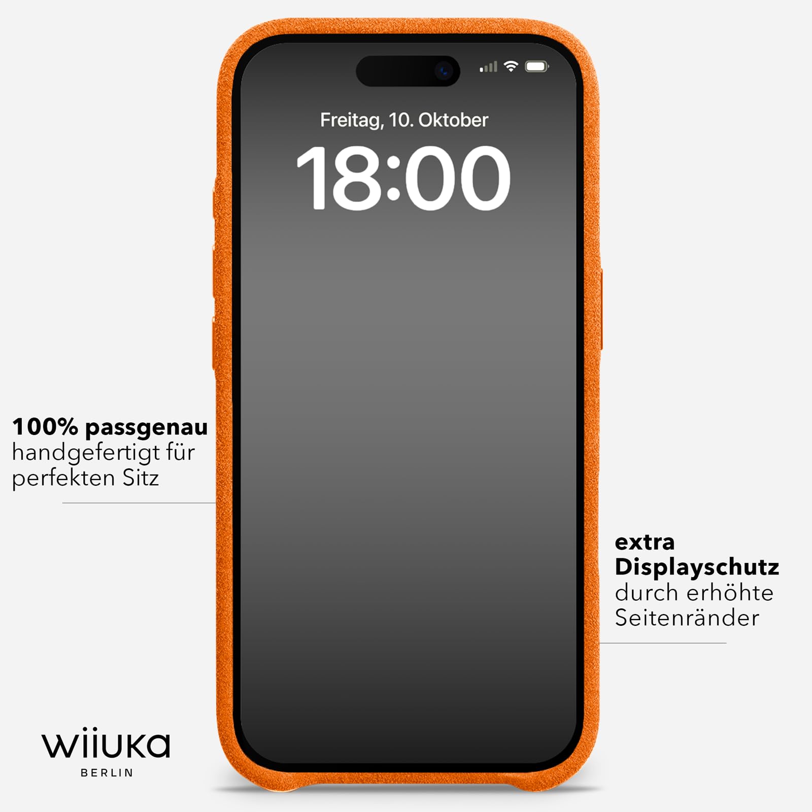 WIIUKA - Custodia protettiva in Alcantara per iPhone 17 Pro Max fatta a mano - Extra sottile - Alternativa alla pelle - Scio Alcantara - Arancione