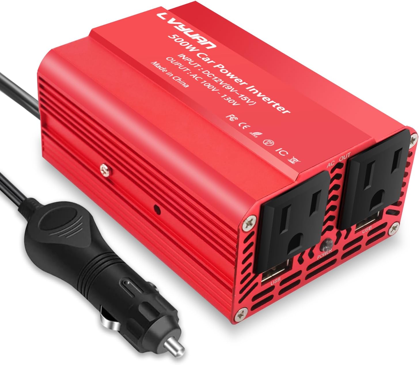 LVYUAN 500W Power Inverter for Vehicles DC 12V to 110V AC Car Plug Adapter Outlet Converter with 2 USB Fast Charging Ports and 2 AC Outlets Car Charger Adapter