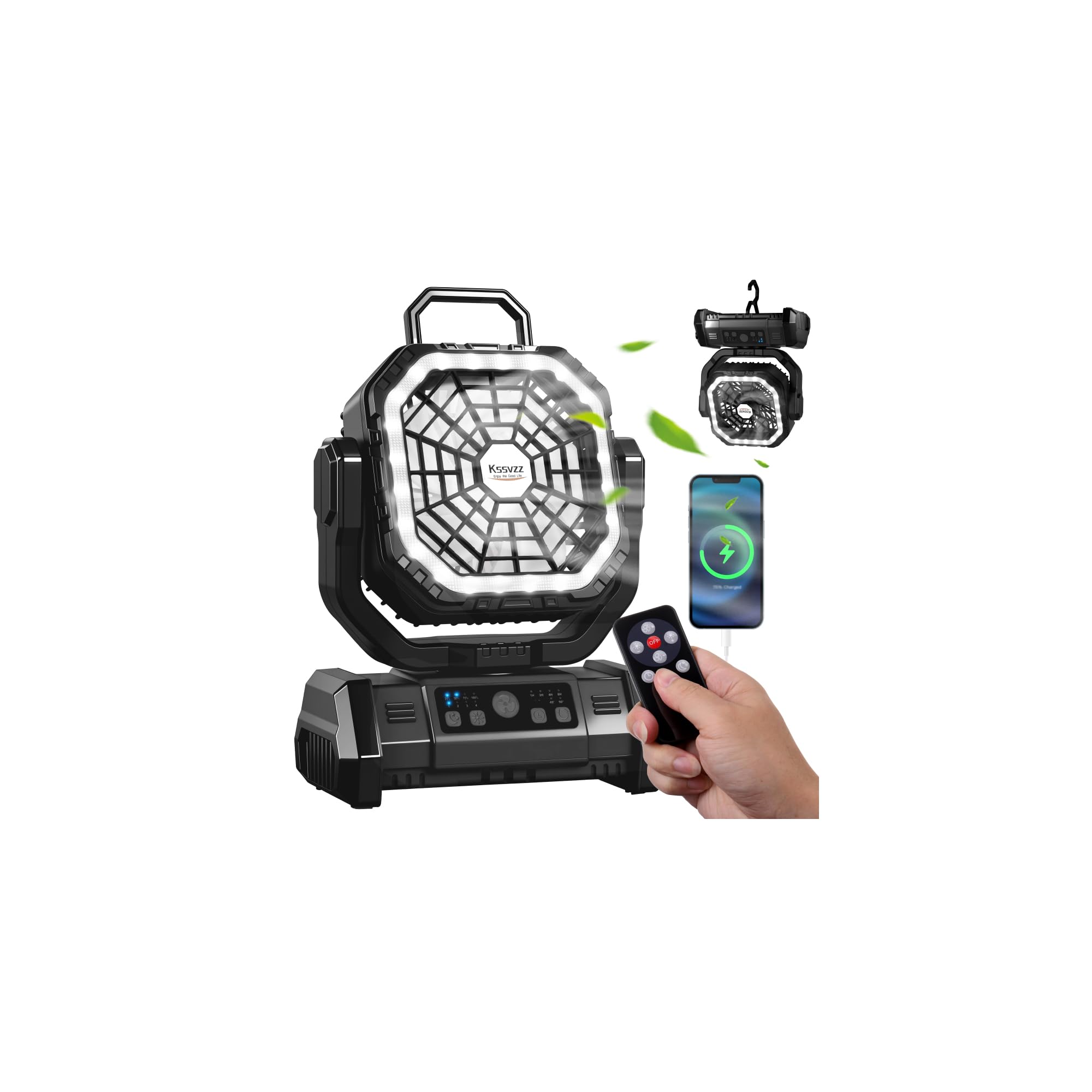 Camping Ventilator mit Akku 10000mAh, Tragbarer Ventilator Leise mit LED-Licht, 270° Rotieren Tischventilator mit Haken/USB-Aufladung, Zeltventilator für Outdoor Camping, Stromausfall, Angeln, Büro