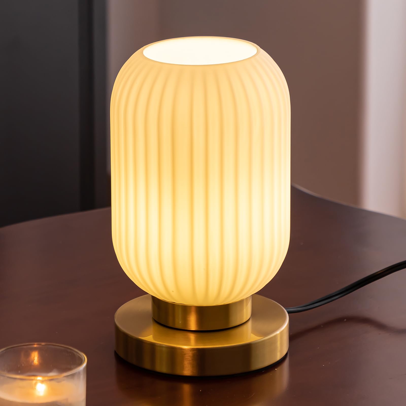 Photo 1 of Monikessy Bedside Table Lamp with Glass Shade, Small Nightlight Lamp Elegant Milky White Glass Nightstand Lamp Modern Desk Lamp with Plug-in Style for Bedroom Living Room Tabletop Dia5.9 x H9.8