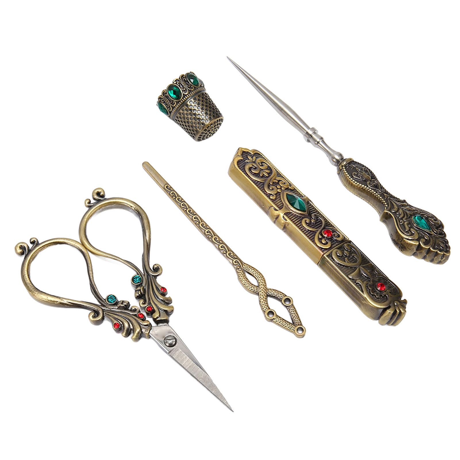 Juego Completo de Herramientas de Costura con Diseño Vintage, Kit de Costura Vintage de Aleación con Dedal, Enhebrador, Estuche para Agujas, Punzón, Tijeras Vintage de Bronce,