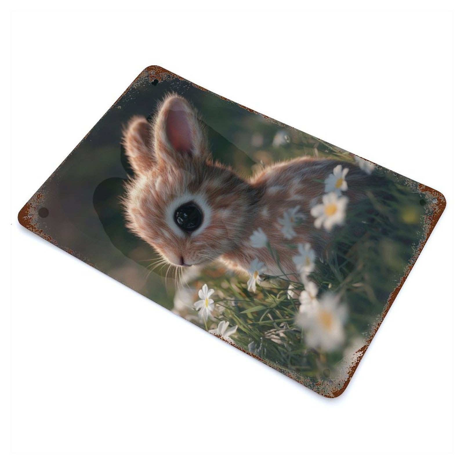 Cute Baby Bunny in Flowers Vintage Wall Sign 11.8"x7.9", Rust Effect Metal Decor for Basement, Hobby Room And Garage Decor