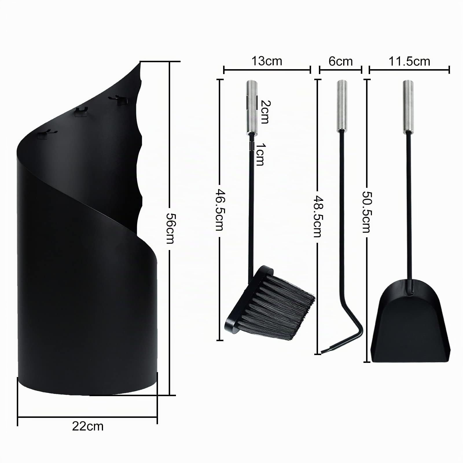 HENGMEI Set di 5 accessori per camino in acciaio inox, set di posate per camino, con supporto, scopa, pinza, gancio, pala per stufa a legna (nero, tipo B)