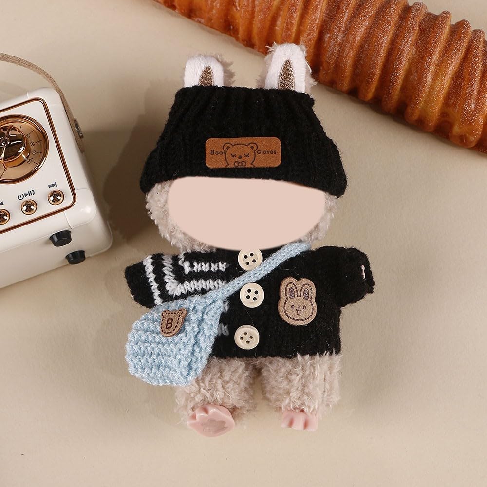 Compatible with Labubu (NO Doll) - Black Knit Set (Hat + Sweater + Pants + Blue Bag) with Bunny Patch, 15cm/17cm Doll Clothing (Black, with Bag)
