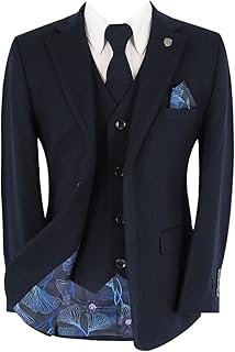 Boys Self Patterned Husky Sizes Suit Navy Blue Tailored Fit Formal Wedding Pageboy Prom Funeral 5 Piece Set