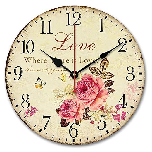 Usmile 12 inch Wall Clock Silent Non Ticking Vintage Large Decorative Wooden Retro Wall Clocks for Living Room Kitchen Kids Room (Sweet Rose Sing for Love Style)