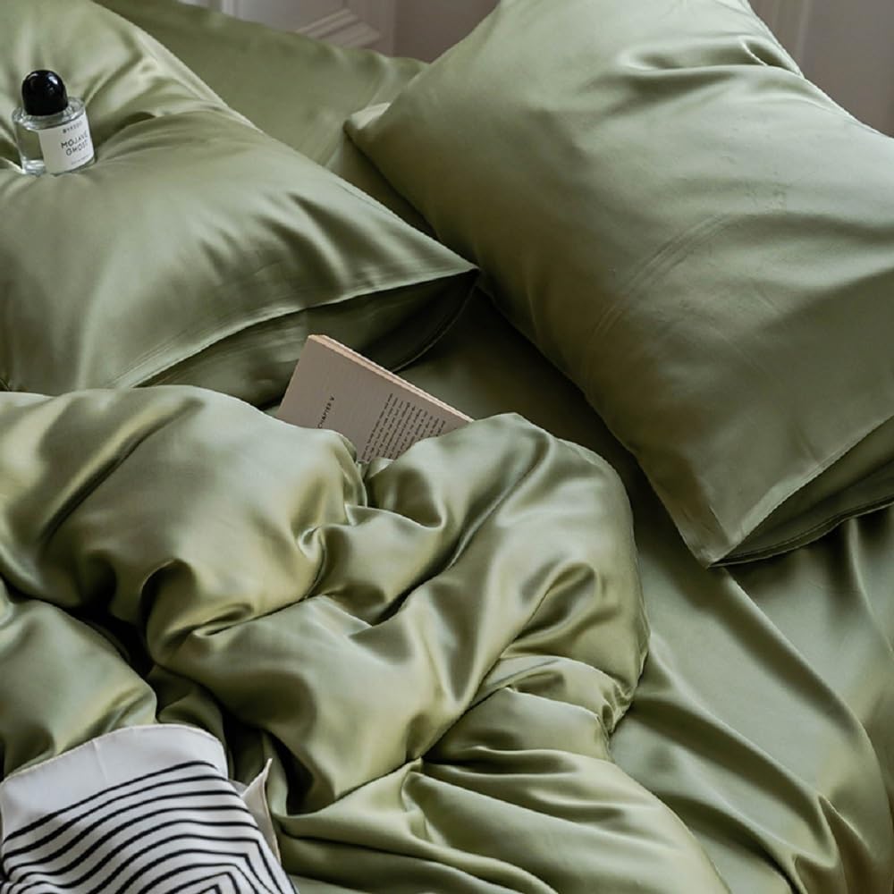 Lanqinglv Juego de ropa de cama de 200 x 220 cm de 100 % bambú Lyocell, color verde mako satén, refrescante con cremallera, certificado Öko-Tex, funda nórdica de lujo lisa de 200 x 220 cm y 2 fundas