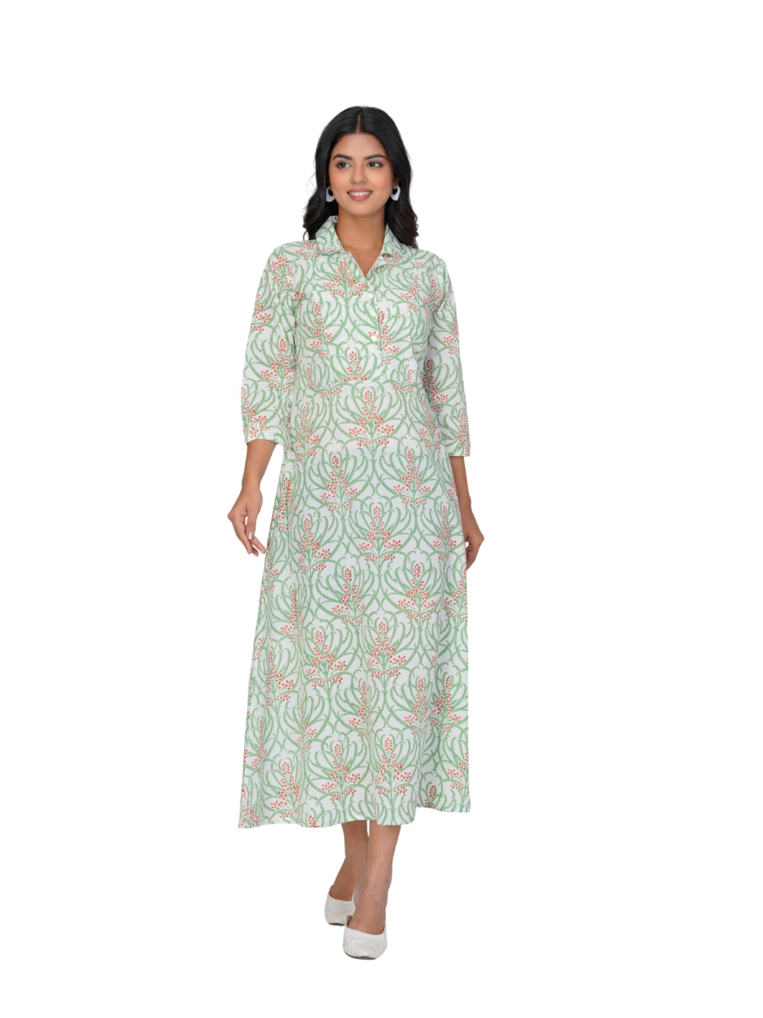 hyn here you're noticed Women’s Pink Floral Printed Cotton Long Dress with 3/4 Sleeves | Ethnic Casual Long Kurti Dress-picture-27