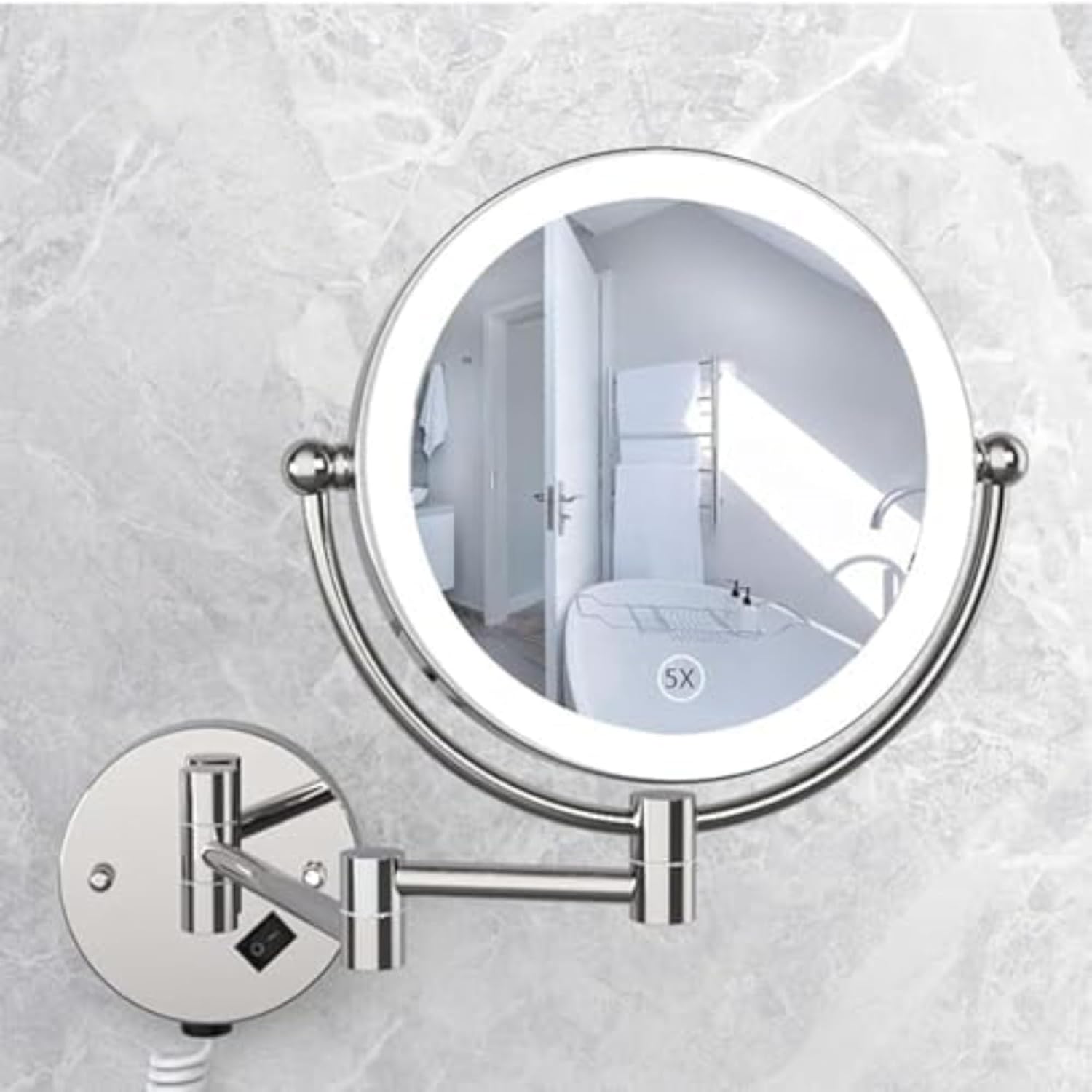 LED ライト付き 両面鏡 5 倍拡大 / 1 等倍 360 度回転・伸縮可能 壁付け式洋式アームメイク鏡 洗面所・ホテル用折りたた
