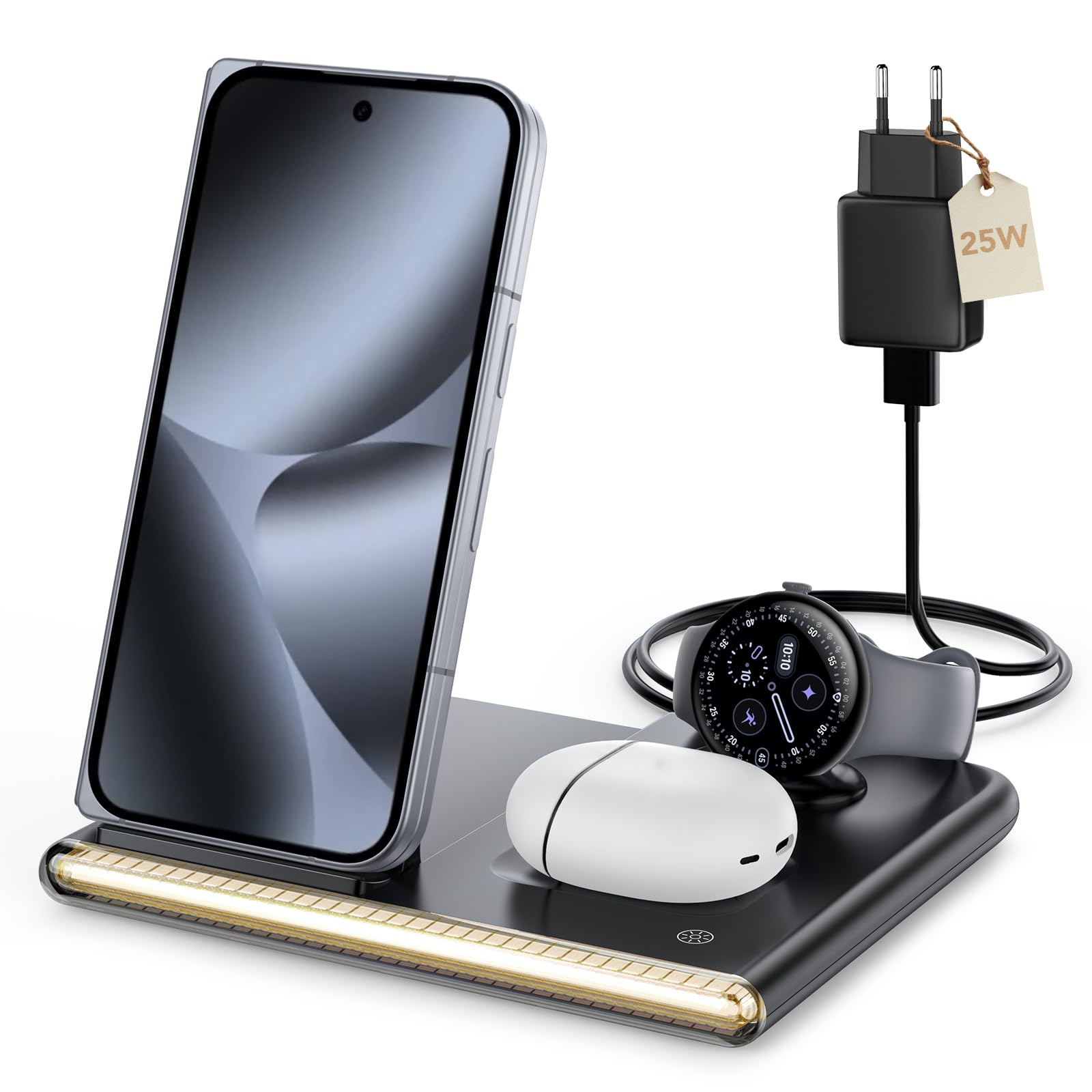 Nur für Google Pixel Watch 4 induktive ladestation mit Nachtlicht | 4-in-1 Handyladestationen kompatibel mit Google Pixel 10 Pro Fold, 10 Pro XL, 10 Pro/10/9/8/7 und Buds Pro 2/Pro Kopfhörern