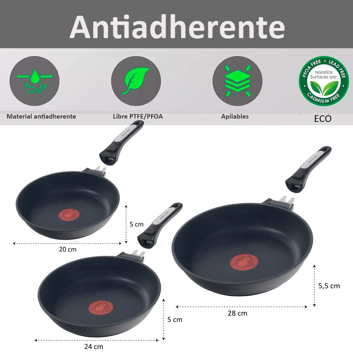 ECODE Juego de Sartenes 20 24 y 28 cm con Mango Extraíble sin Toxicos