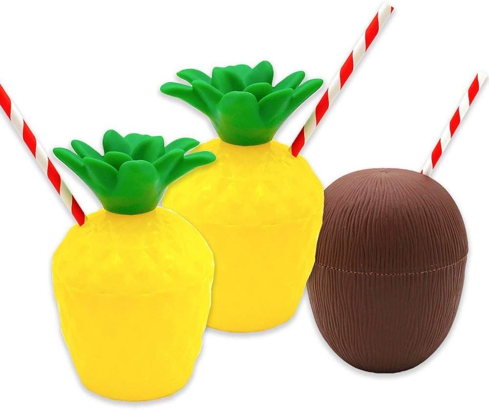 Dotters Tropical Pineapple Coconut Drink Cups, 3PCS Plastic Hawaii Party Cups with Straws for Hawaiian Luau Party Children Summer Beach Party