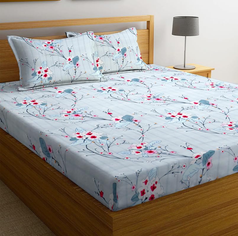 Image of la' amour Cotton Flat Double Bedsheets with 2 King Size Pillow Covers | Double Bed Breathable | Wrinklefree | Ultrasoft 180-220 tc Supersoft Floral | 90x90 Inches, Off White & Pink