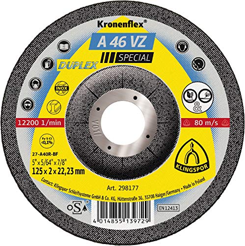 Klingspor 298177 Kronenflex Discos de Desbaste, A 46 VZ, GEK, 125 x 2 x 22.23 mm, 12200 RPM