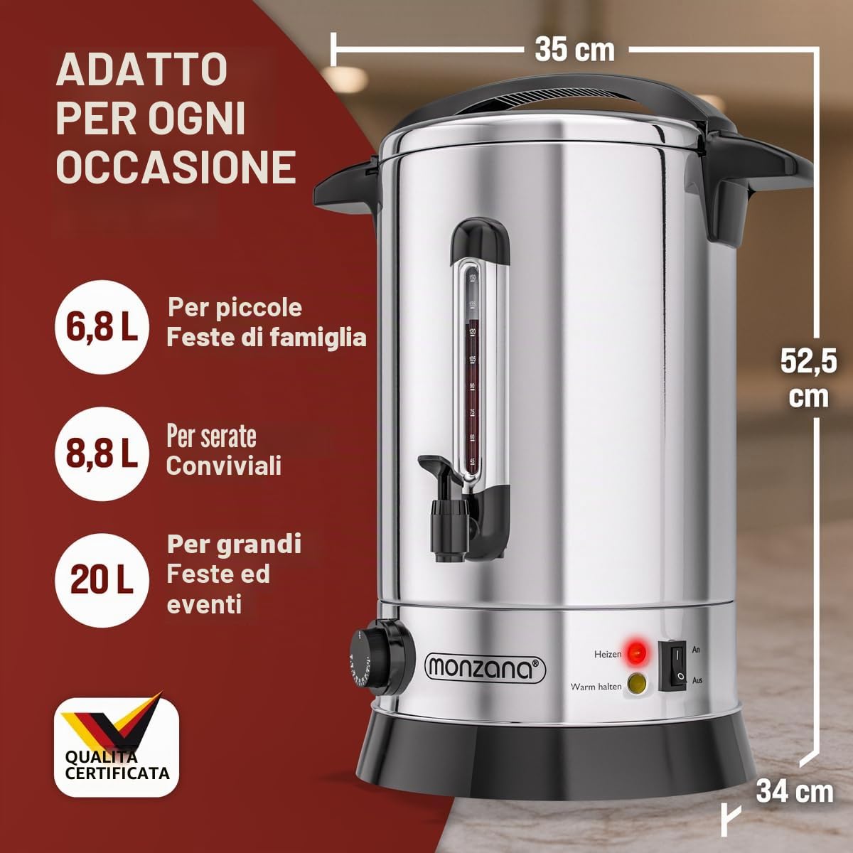MONZANA® Bollitore per Vin Brulé 20L con Rubinetto 90 Tazze Acciaio Inox Regolazione 30-110°C Erogatore Bevande Calde Punch