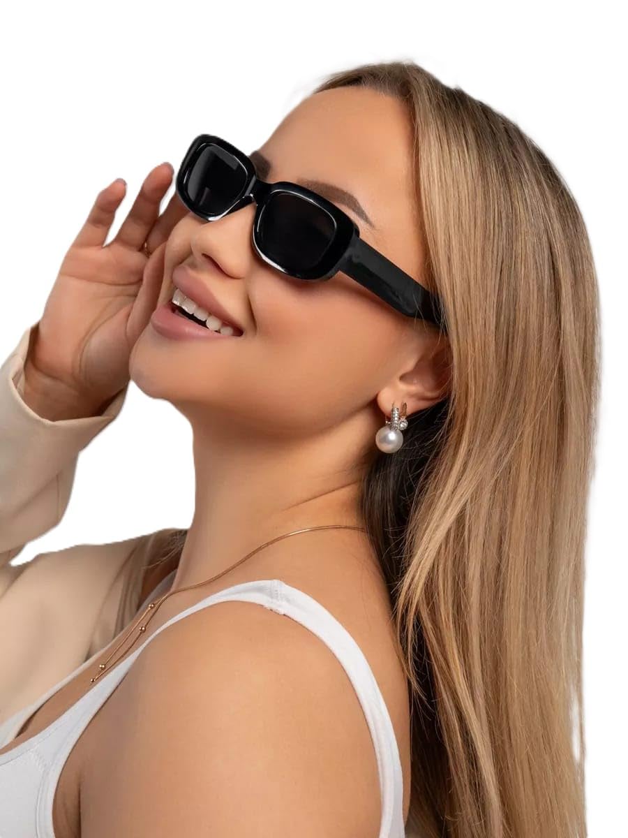 Retro Rectangle Sunglasses for Women/Men 90s Driving Glasses Narrow Square Frame Eyewear UV400 Protection,Yellow Black, Medium-image-13