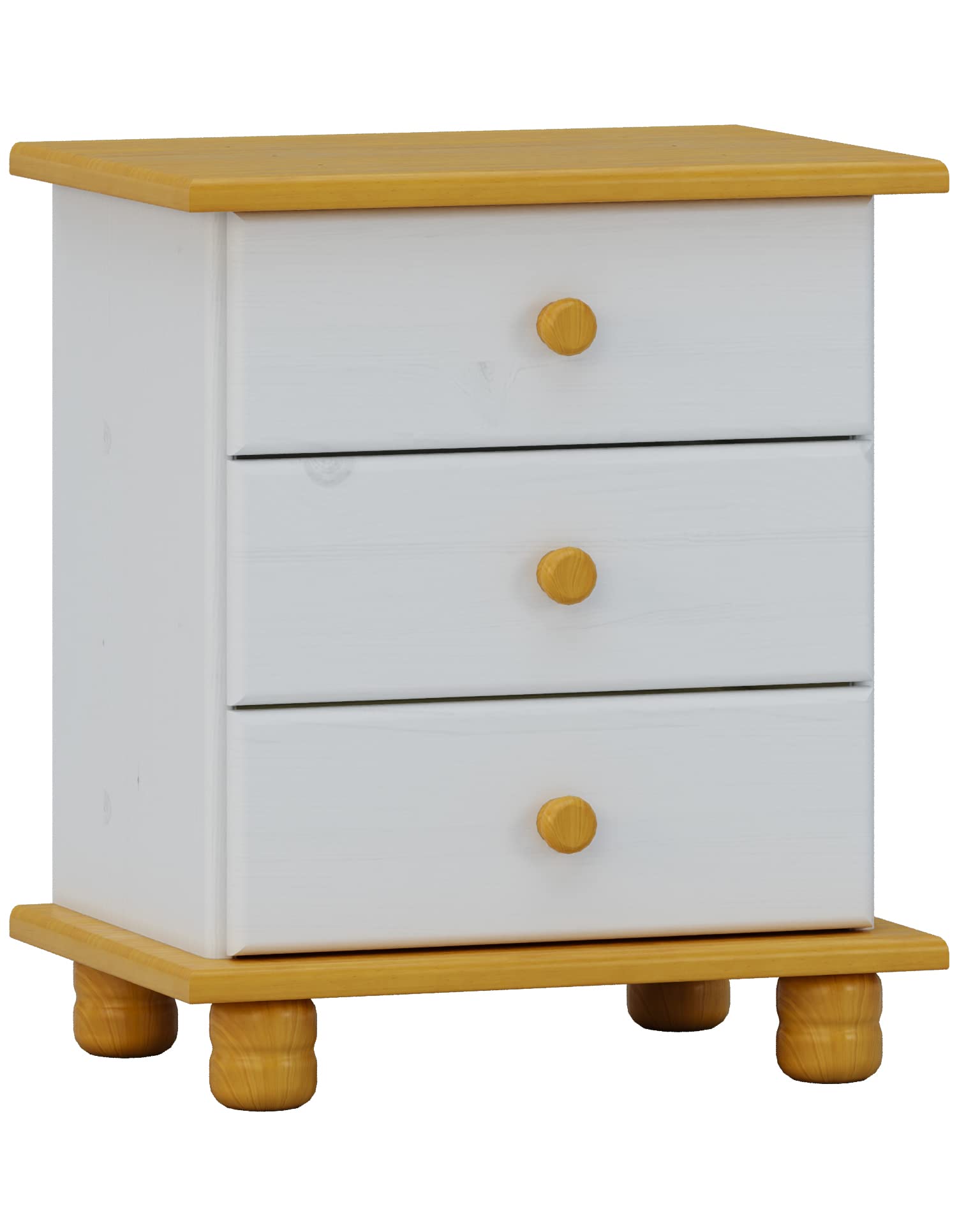 MOBLIT Mesita de Tres Cajones Realizada en Madera de Pino Maciza Serie Canet Color Blanco y Miel. Medidas (55x48x34) cm (AnchoxAltoxFondo)