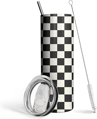 Ceovfoi Vaso a cuadros blanco y negro de 20 onzas con tapa de asa y pajilla, vaso a cuadros, botella de agua, taza de café de viaje, taza de café,