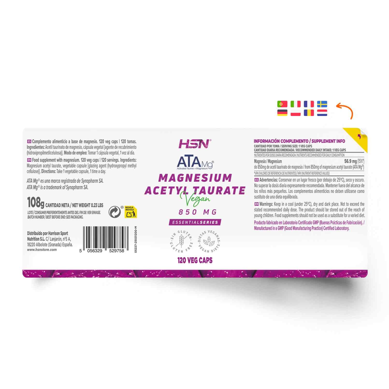 HSN Magnesium Taurat ATA Mg® 850 mg | 120 pflanzliche Kapseln | Magnesium-Acetyltaurinat mit hoher Bioverfügbarkeit | Clean Label – Ohne Zusatzstoffe | Vegan & glutenfrei