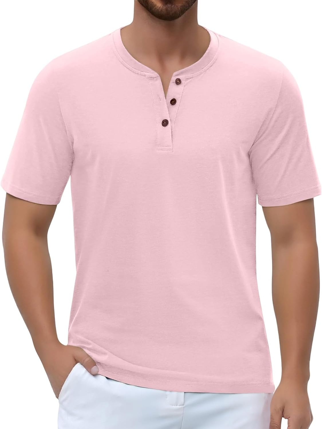 WENKOMG1 Men's Casual T Shirts Short Sleeve Summer Casual Basic Solid Henley Button Shirt, S-2XL