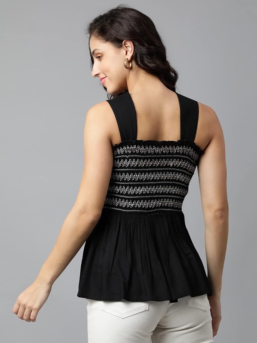 DEEBACO Women's Smocked Solid Crop top|Strap Shoulder Sleeveless  Embroidered Tops for Women|One Piece Casual Wear Fashionable Party Outfit  for Ladies ...