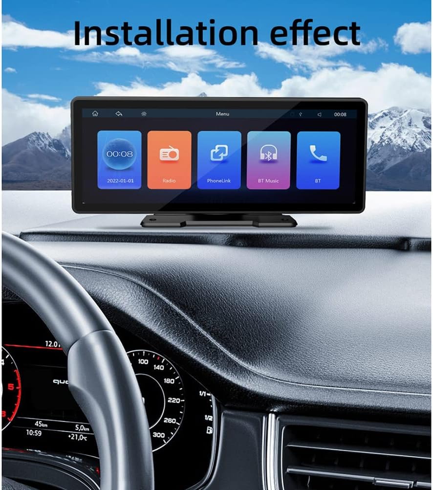 Sujhyrty B5303 installed on a car dashboard, displaying the main menu with icons for time, radio, PhoneLink, BT Music, and BT.