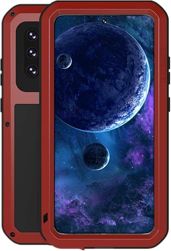 LOVE MEI Compatible with Samsung Galaxy A52 Case, Outdoor Sports Waterproof Military Heavy Duty Shockproof Dust/Dirt Proof Hybrid Aluminum Metal+Silicone+Tempered Glass Case Hard Cover Red
