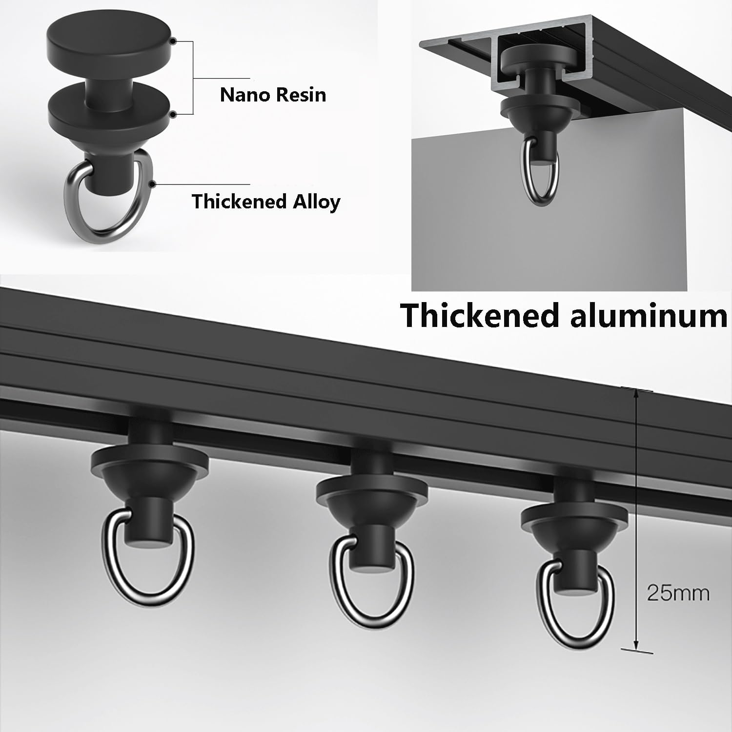 Black/White Curtain Track 1-6m Adhesive Curtain Rod Self Adhesive Ceiling Or Wall Curtain Track Ceiling Curtain Track for a Ceiling or Wall with a Smooth Finish(Black,1.2m(3.9ft))