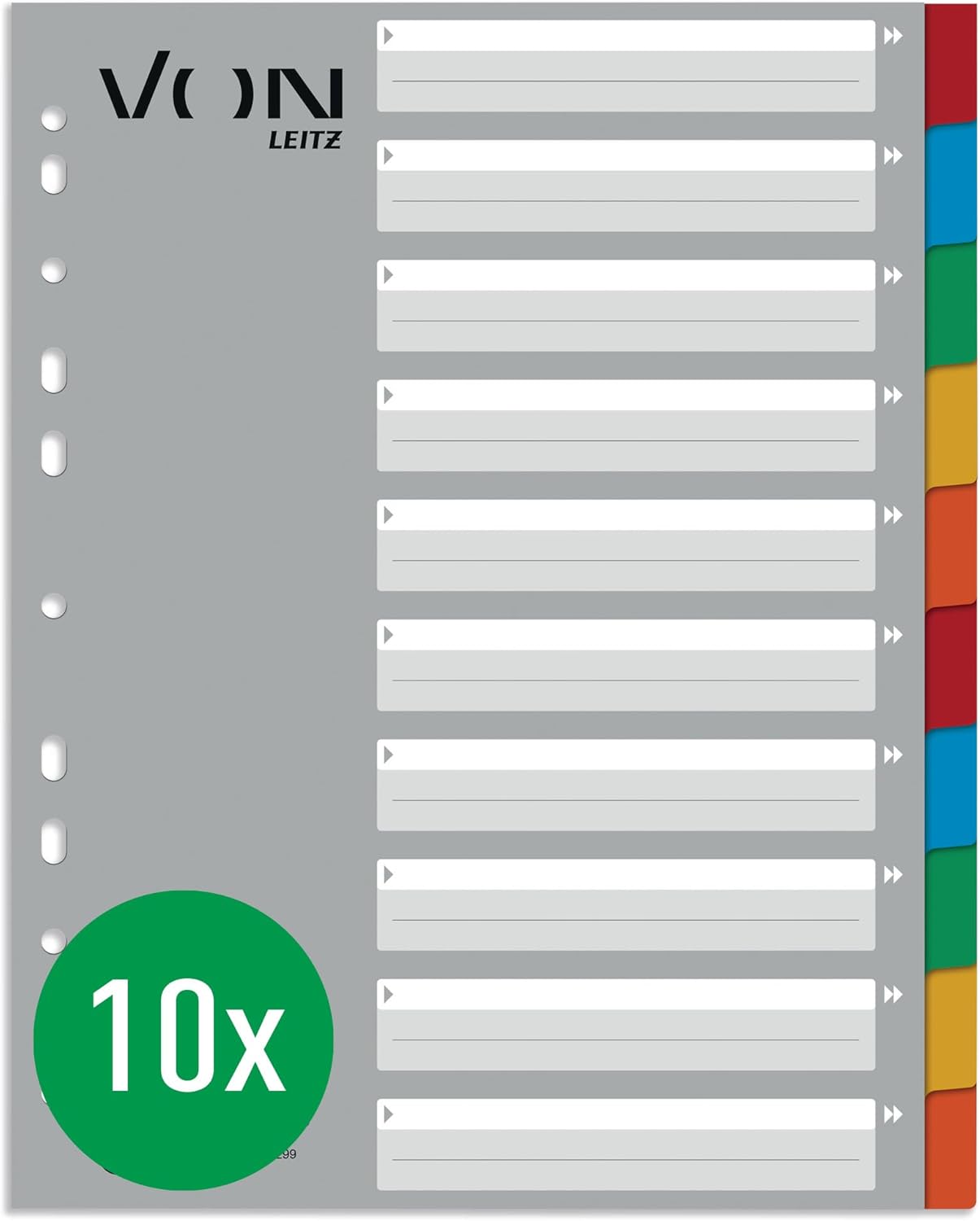VON Leitz 10 Pack 10-Piece Index A4 Extra Wide, 100% Recycled Cardboard, Blank Tabs, 11-Hole Universal Index for Staplers & Ring Binders, 12990000