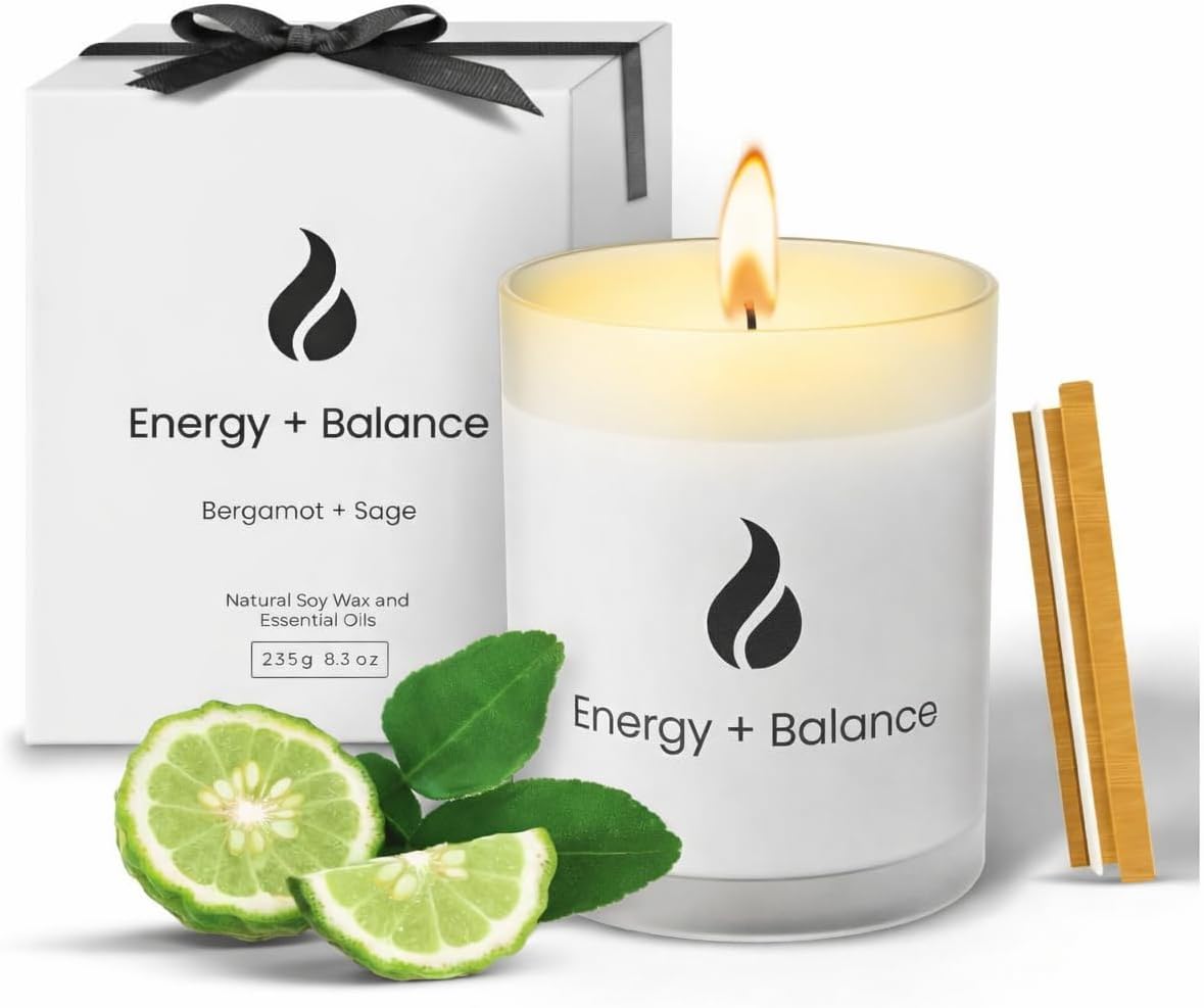 Cleansing Scented Candles for Home | Sage & Palo Santo | Natural Non Toxic Soy Candles with Essential Oils | 50 H Long Burning | (Energy + Balance | Bergamot & Sage)