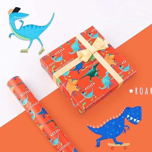 Miniatura 4 de Papel de regalo de cumpleaños de dinosaurio, 6 hojas de dibujos animados de animales, dinosaurios, papel de regalo plegado con cintas para niños,