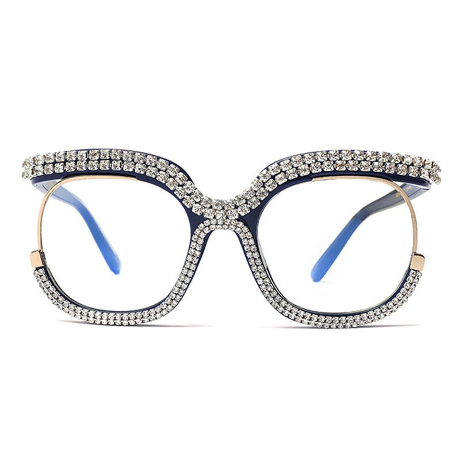 Occhiali da Lettura Presbiopia Oversize Rotondo:Acetato Metallo Frame Vintage con Anti Luce Blu Lenti Cerniera a Molla Occhiali Lettori Con diamante per Donna Uomo (Blu, 1)