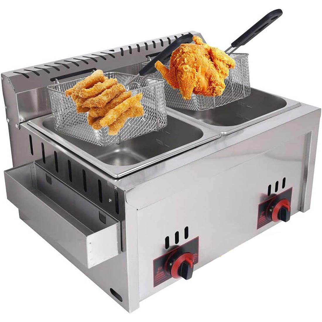 Friggitrice a Gas Professionale, Friggitrice a Gas 10L*2 Serbatoio in Acciaio Inox, Friggitrice per Patatine di Pollo per Ristorante Commerciale Cucina Domestica