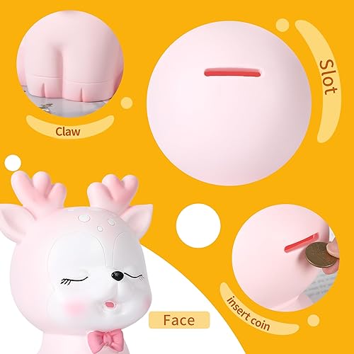 Miniatura 3 de H&W Lindo banco de dinero de ciervo, alcancía irrompible, caja de dinero banco de monedas (moño)