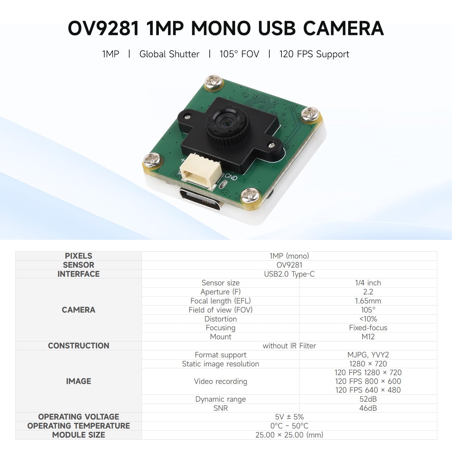 Waveshare OV9281 1MP Mono USB Camera (A), Supports 120FPS High Frame Rate Recording, Global Shutter For Clearer Imaging, for Raspberry Pi 5/Jetson Orin Kit/RDK X5 Development Board