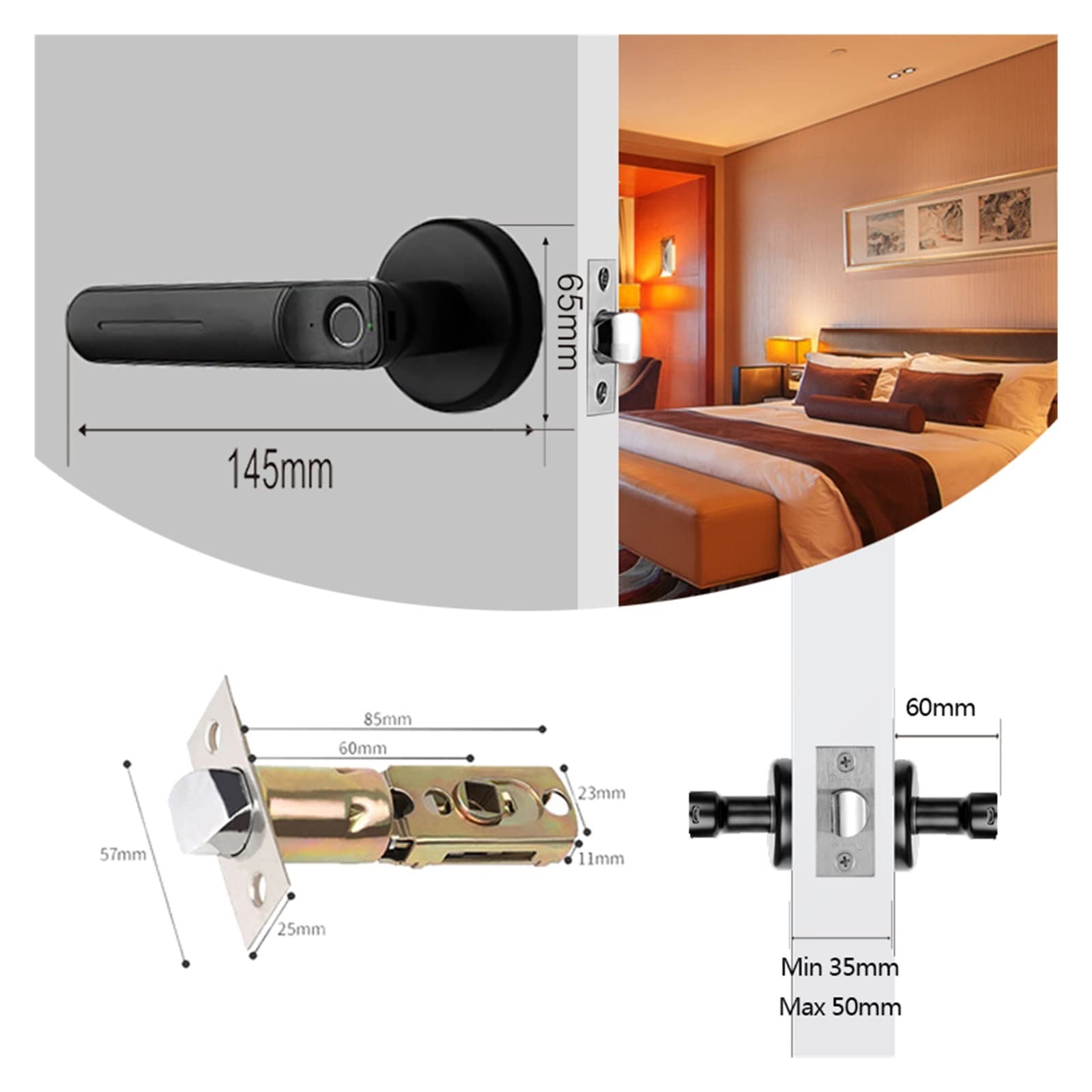 Inteligentny zamek do drzwi, Elektroniczna blokada linii papilarnych USB Akumulator Biometryczny czytnik Inteligentny zamek Uchwyt z kluczem do sypialni Hotel Apartament Biuro(Black B)