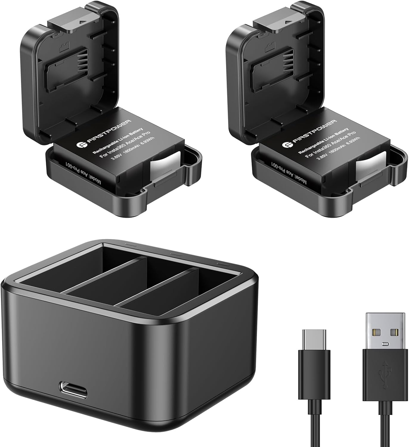 FirstPower Replacement Insta360 Ace Pro Battery 2-Pack 1800mAh with Triple Slot Battery Charger Compatible with Insta360 Ace/Ace Pro Action Camera