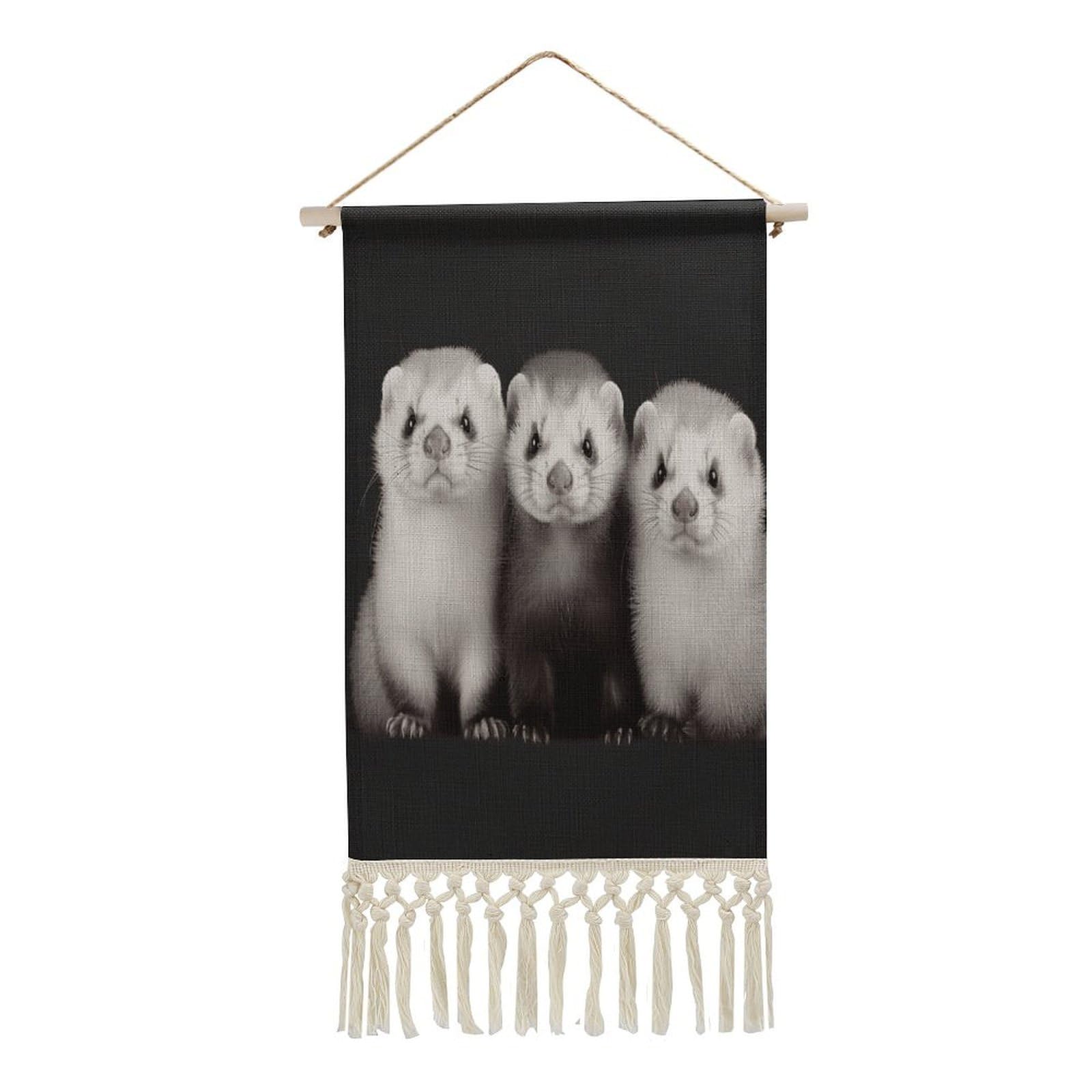 VstaDank Ferrets Wall Art Decor with Tassels 20"x10" Cotton Linen Hanging Tapestry Decor Wall Art Prints Wood Frame Boho Wall Art Poster for Bedroom Living Room Office