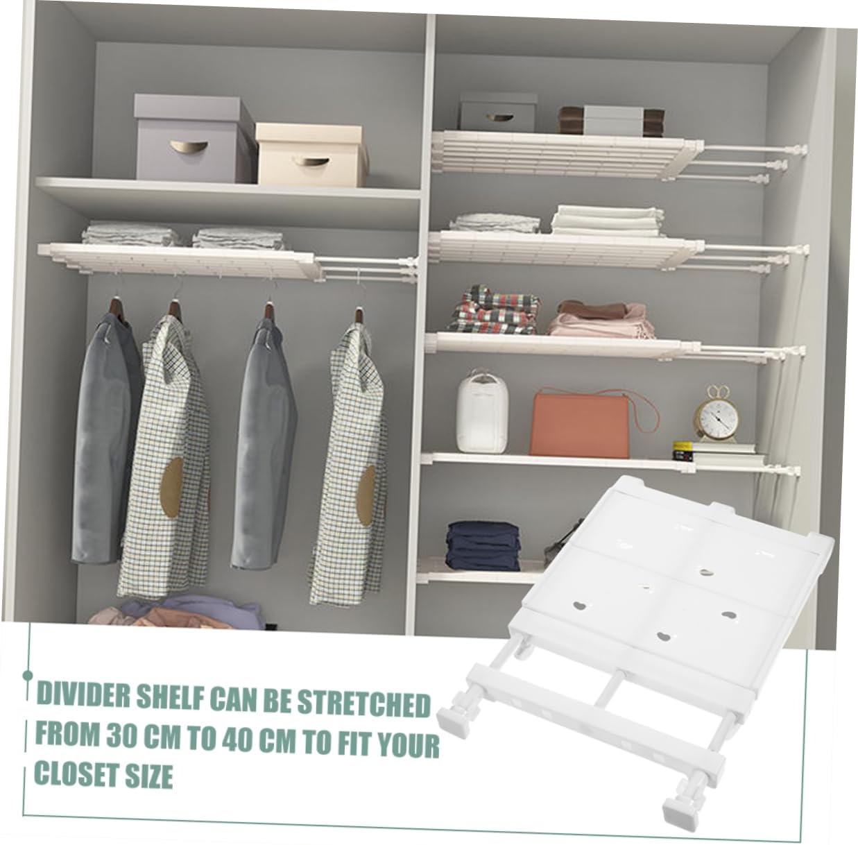 Expandable Tension Shelf for Closet Organization Wardrobe Rack Easy Install Storage for Kitchen Bathroom and Bedroom White
