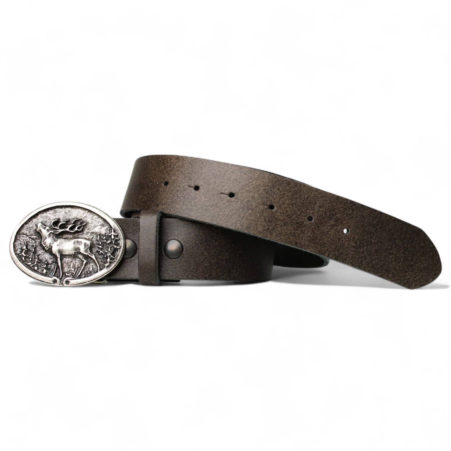 FRONHOFER Trachtengürtel Herren Echtleder 4 cm mit Hirsch Gürtelschnalle Silber 9 x 7,5 cm 135 g Druckknopf wechselbar Landhausmode Lederhose Jeans