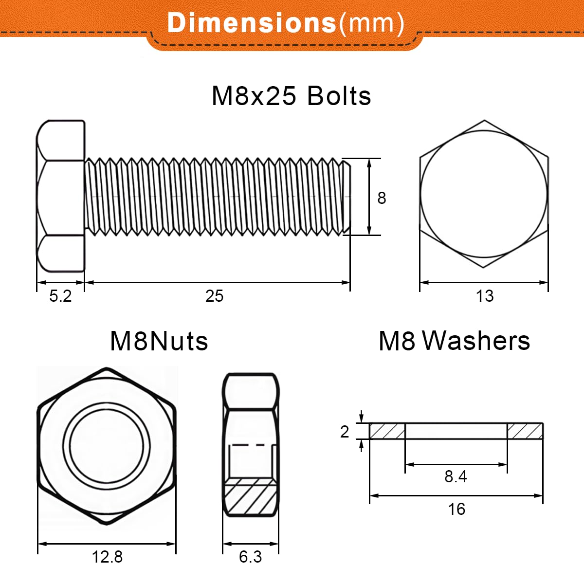 Drenky M8 x 25mm Bolts and Nuts Set - Image 2
