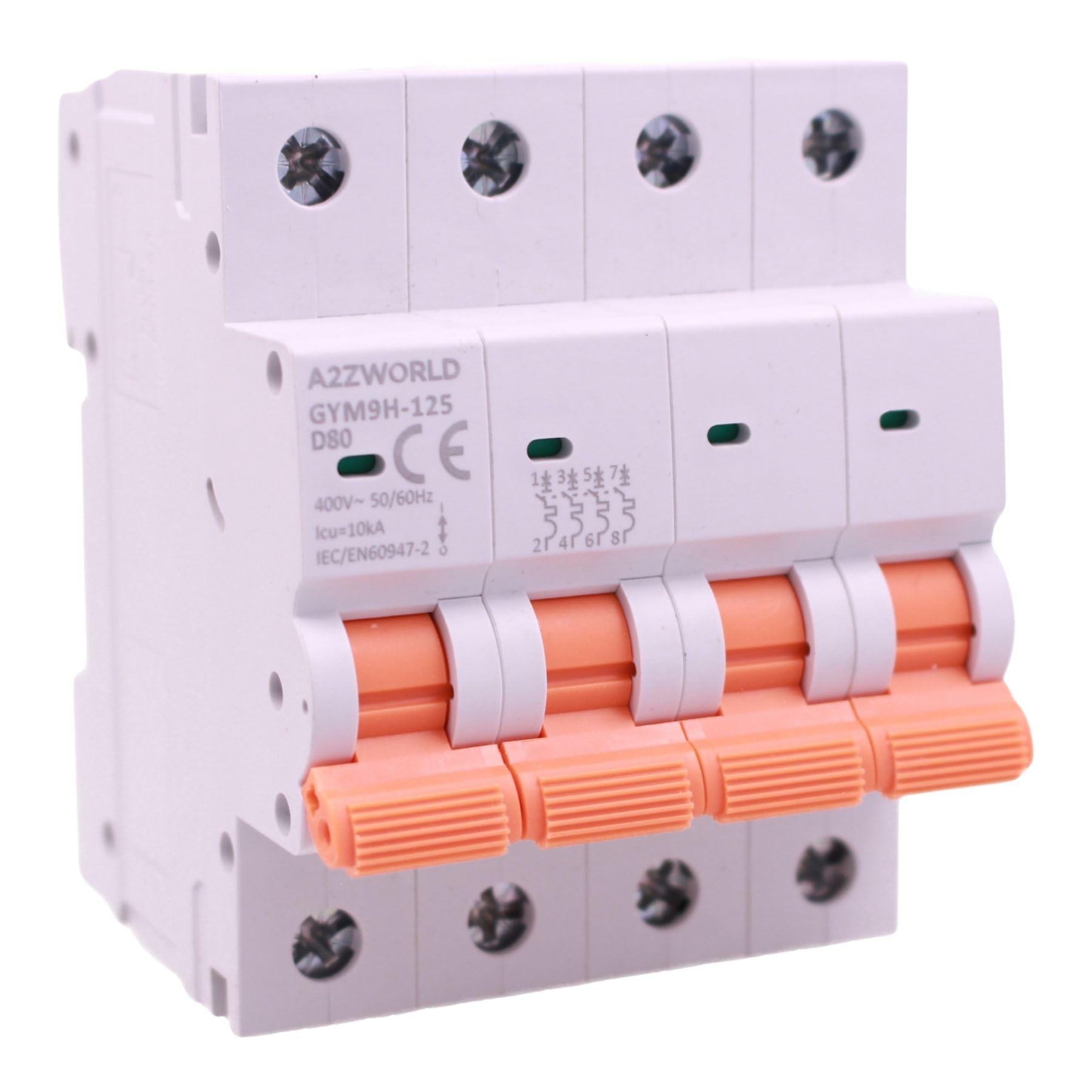 4 interruptores magnetotérmicos trifásicos 4P 80A D80, curva D 10kA, 4 módulos DIN 380 V AC, certificado IEC60898-1, serie GYM9H-125 profesional